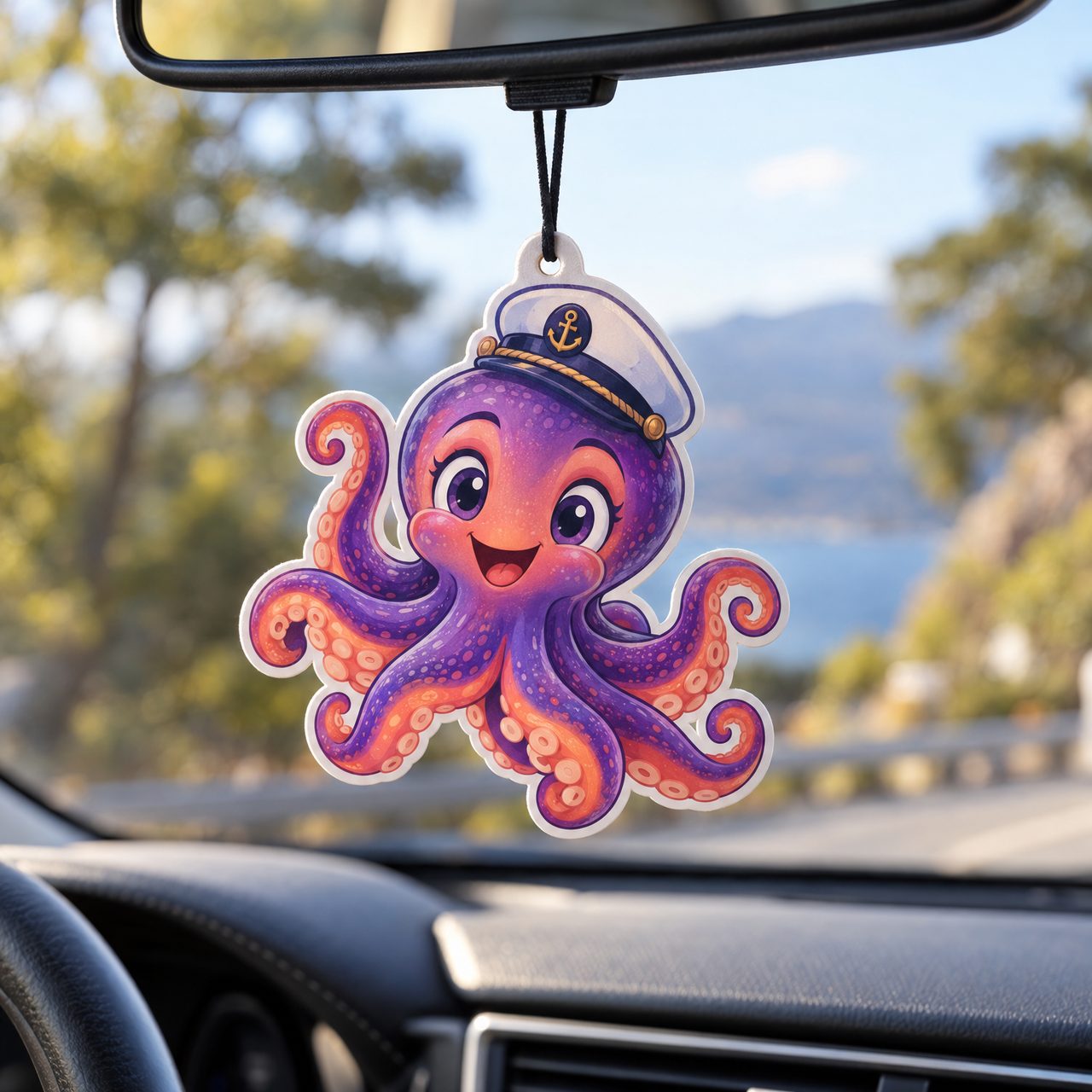 Custom die-cut car air freshener shaped like a cartoon octopus hanging from a rear-view mirror