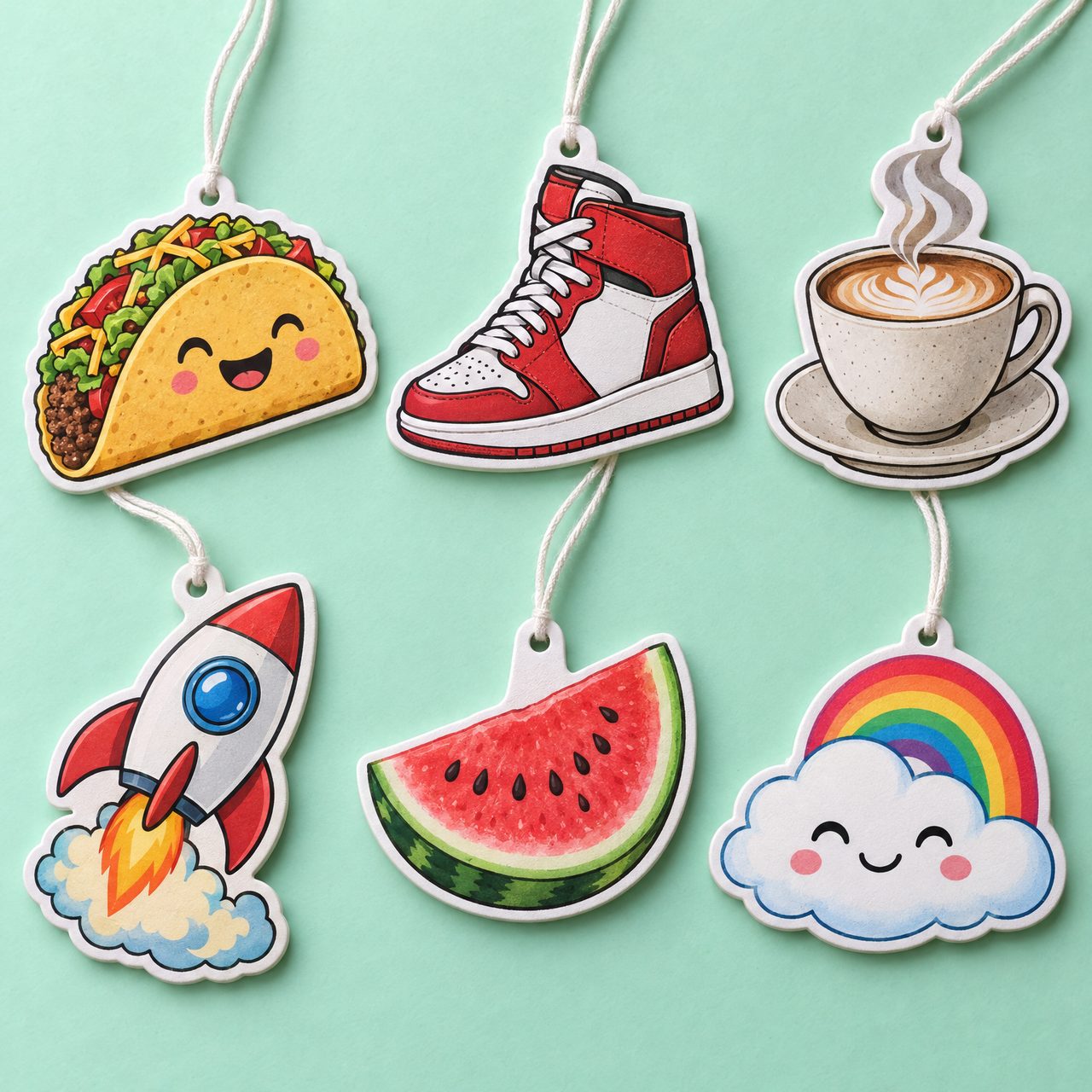 Six custom die-cut car air fresheners: taco, sneaker, coffee cup, rocket, watermelon and cloud