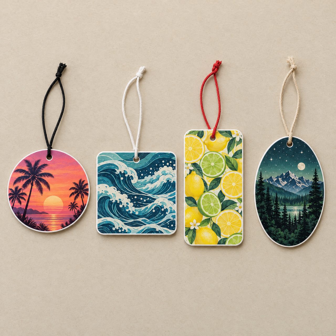 Custom car air fresheners in circle, square, rounded rectangle and oval shapes with strings