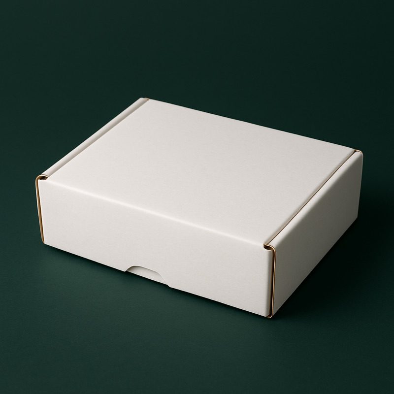A closed white corrugated mailer box