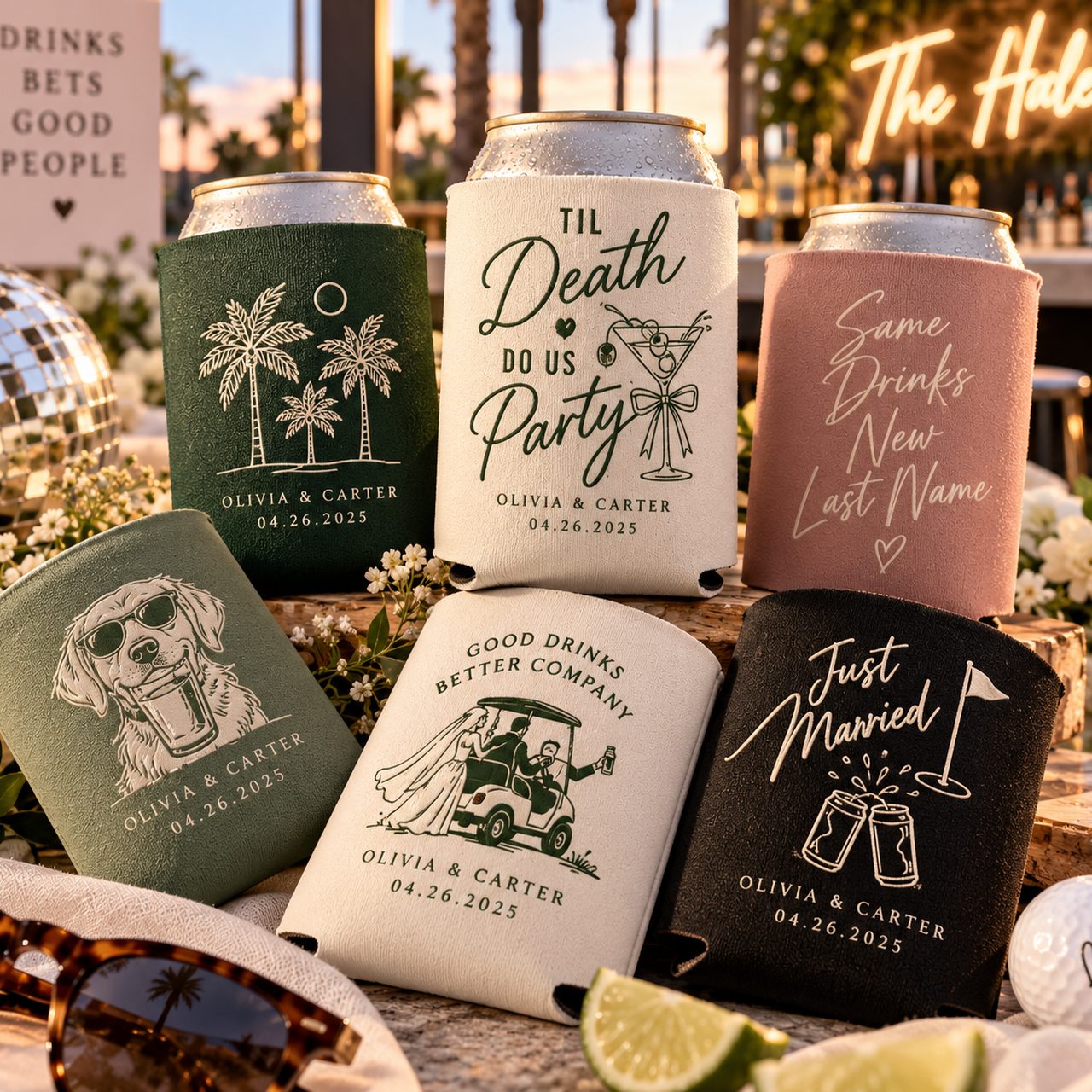 Custom wedding koozies on cans in six designs