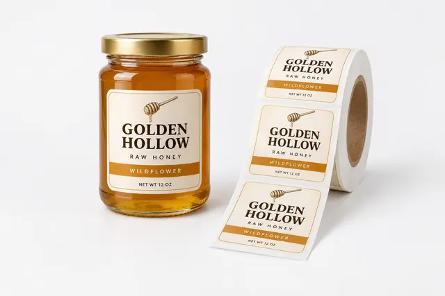 Custom printed honey jar labels on a roll next to the labeled jar