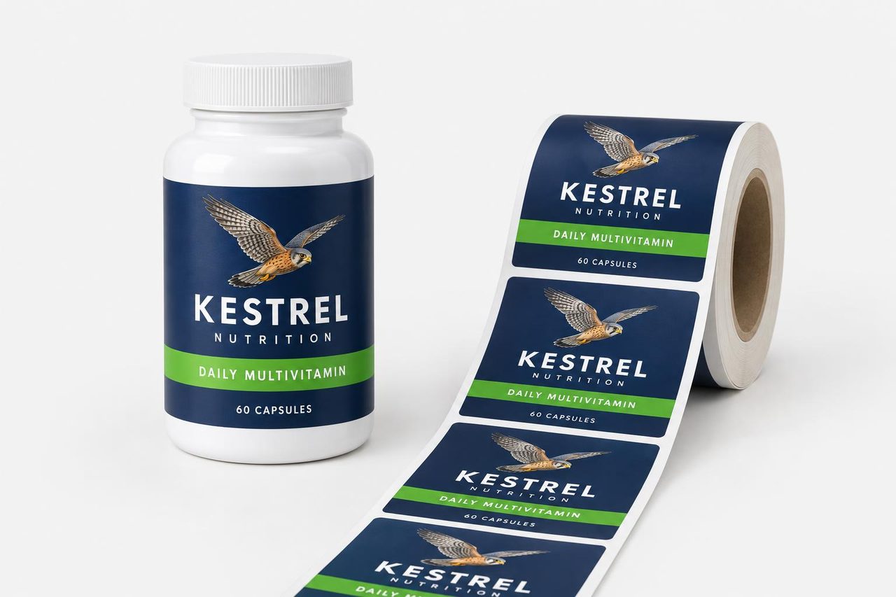 Supplement bottle labels on a roll on a 3″ core, next to the bottle