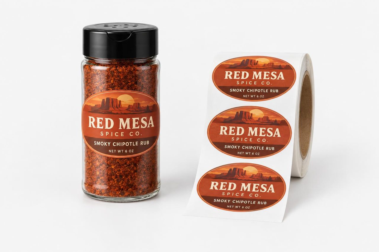 Oval custom labels on a roll beside a spice jar