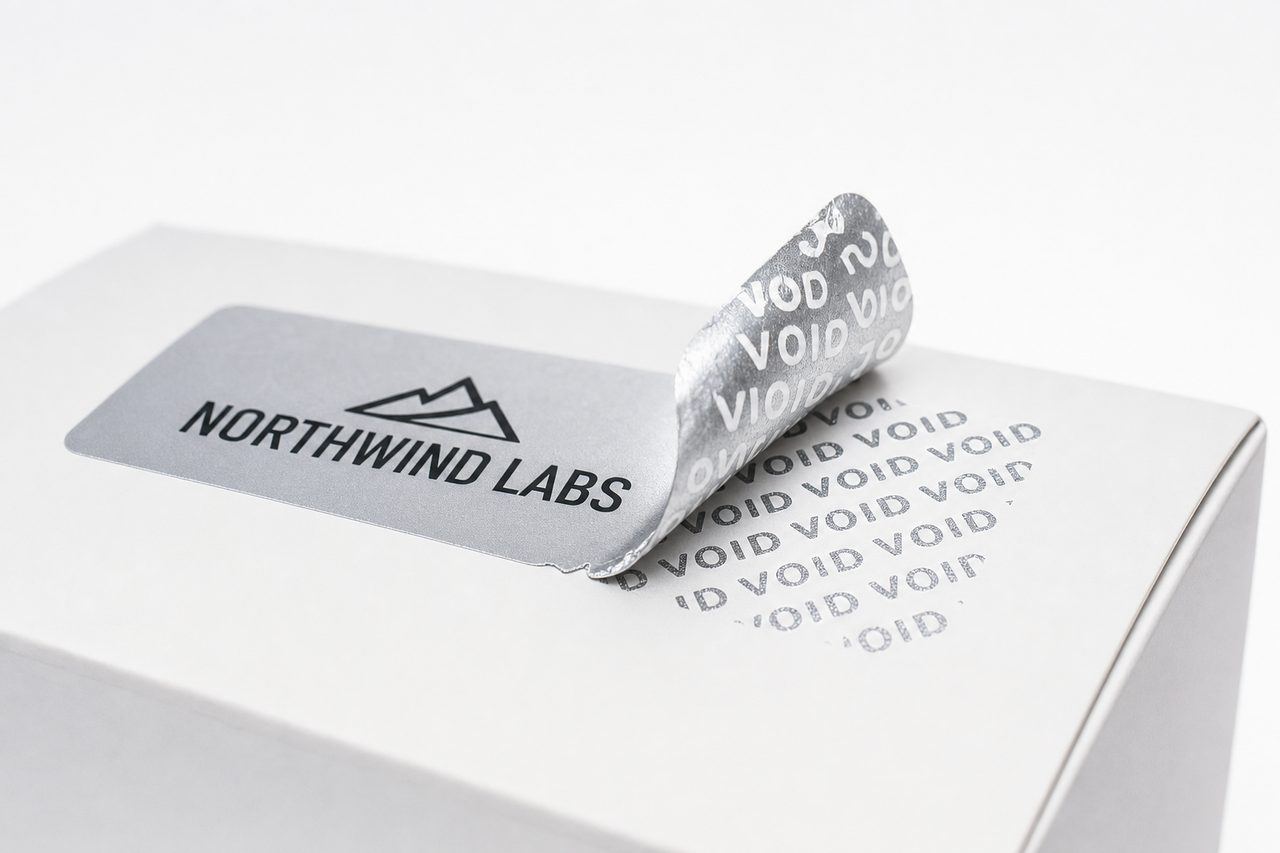 Tamper-evident VOID seal peeled off a box