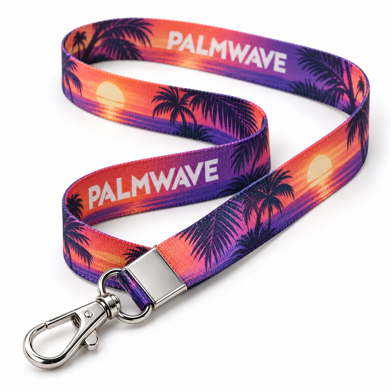 Custom full colour sublimated lanyard with a tropical sunset print and metal swivel snap hook