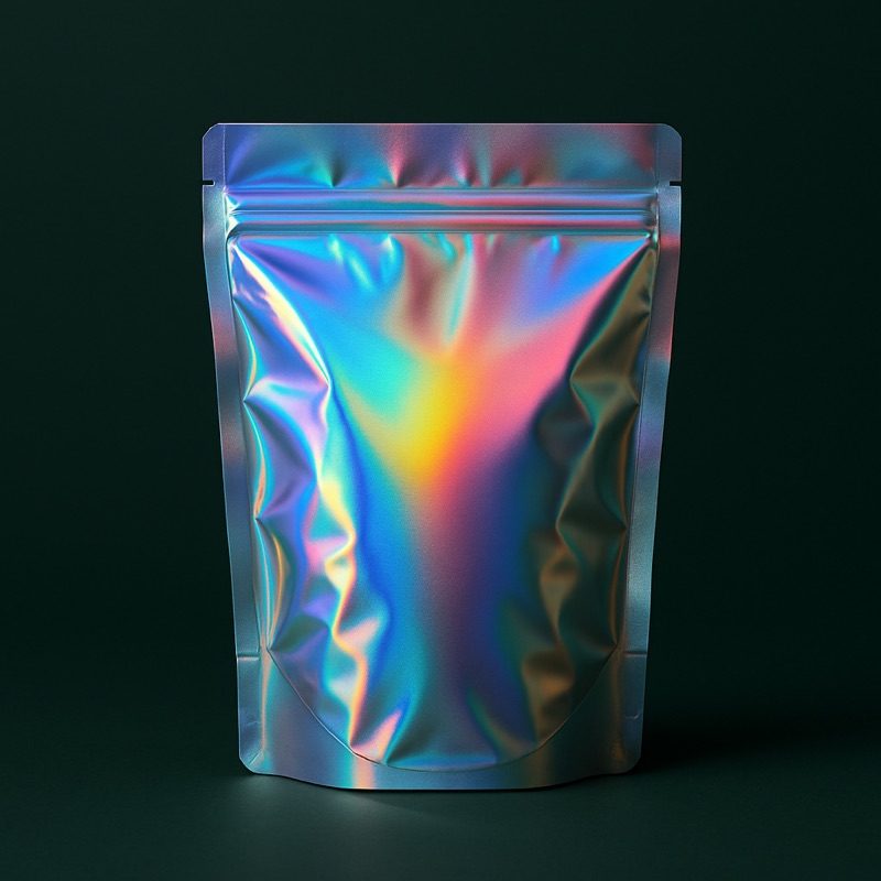 A holographic custom stand-up mylar pouch