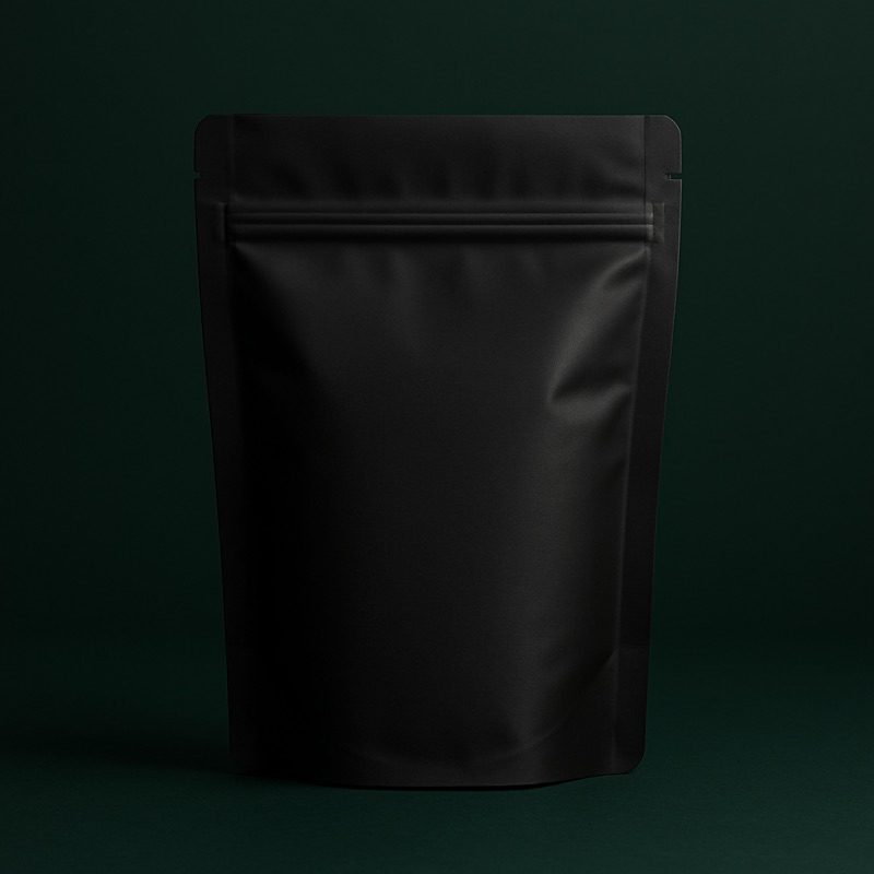 Matte black custom stand-up mylar pouch with a zipper