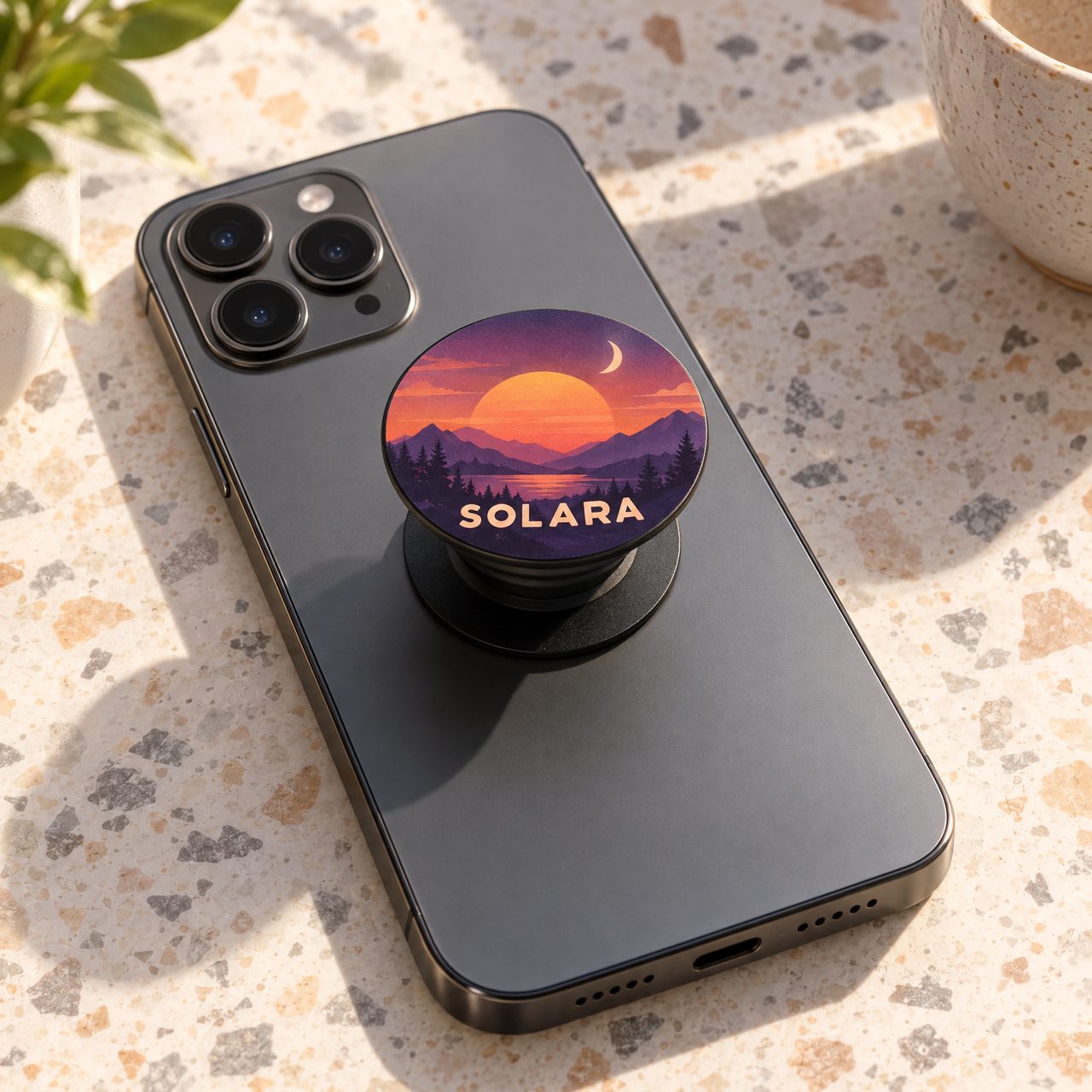 Custom Pop Sockets grip with a full colour sunset and mountains design on the back of a phone
